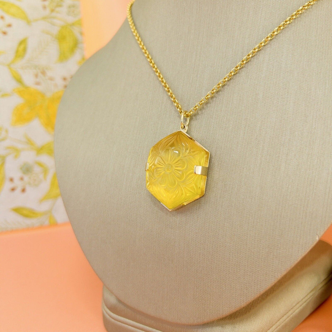 14k Yellow Gold Unique Hexagon Yellow Citrine Flower Carved Statement Pendant, N