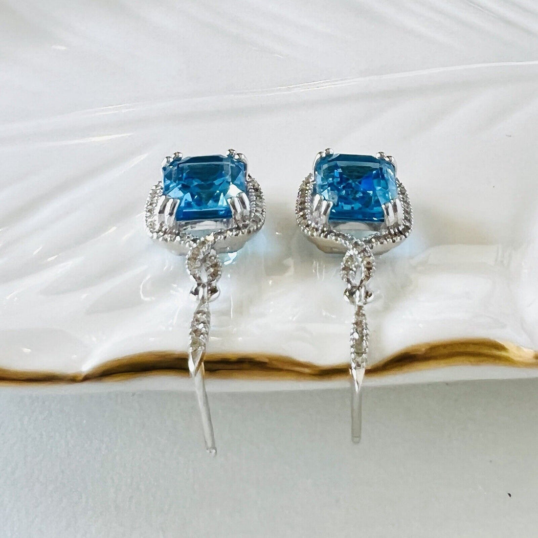 Gorgeous Swiss Blue Topaz (5.60ct) & Diamond (0.40ct) 14k Dangle Earrings, New