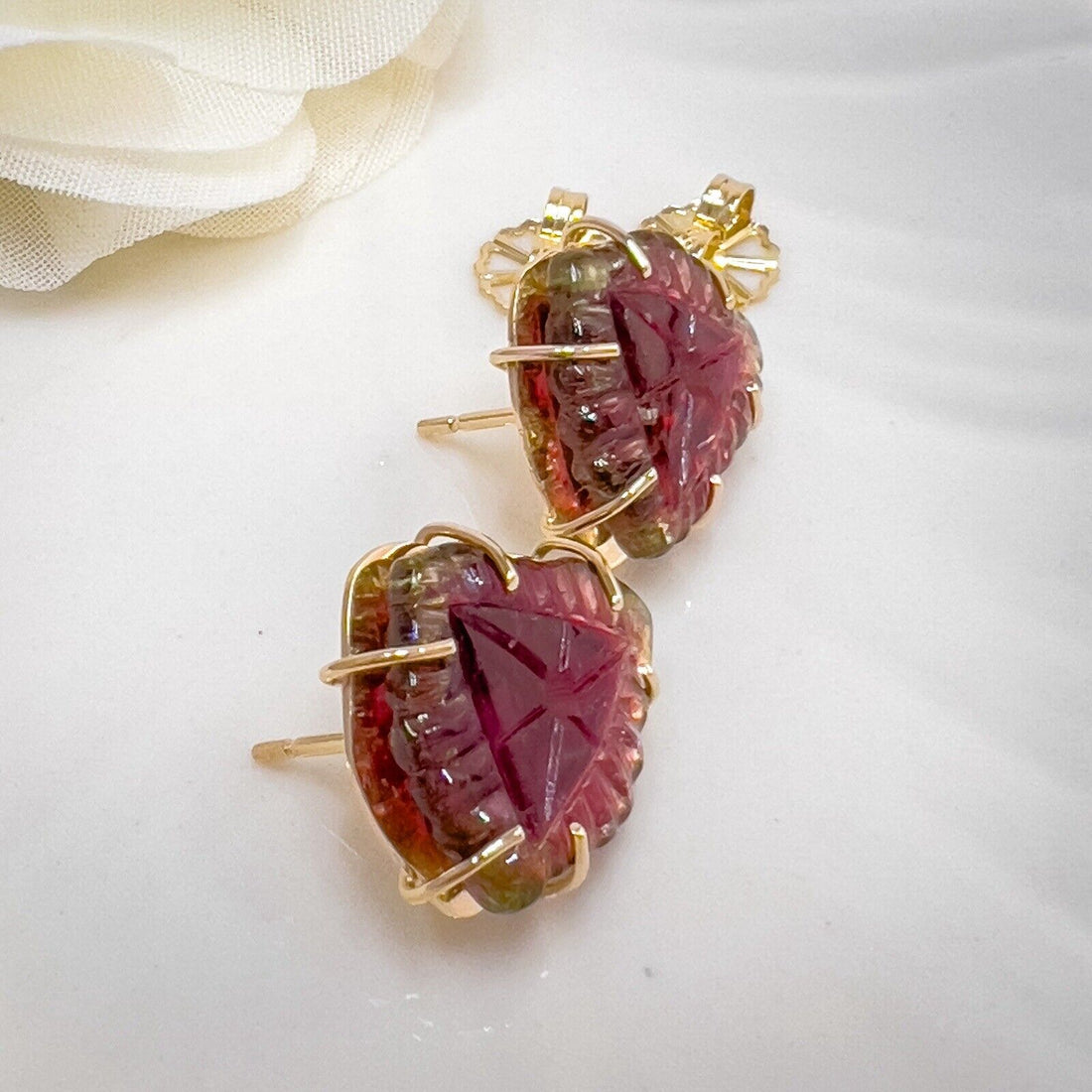 Unique 14k Yellow Gold Watermelon Tourmaline Custom-Made Stud Earrings