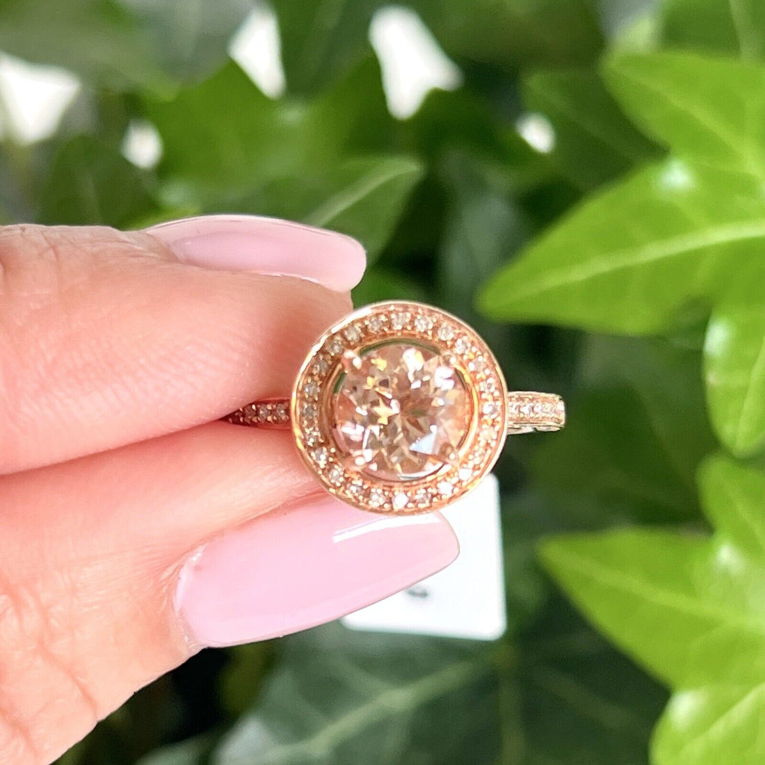 Genuine Morganite & Diamond Halo Solid 14k Rose Gold Ring, New Size 7