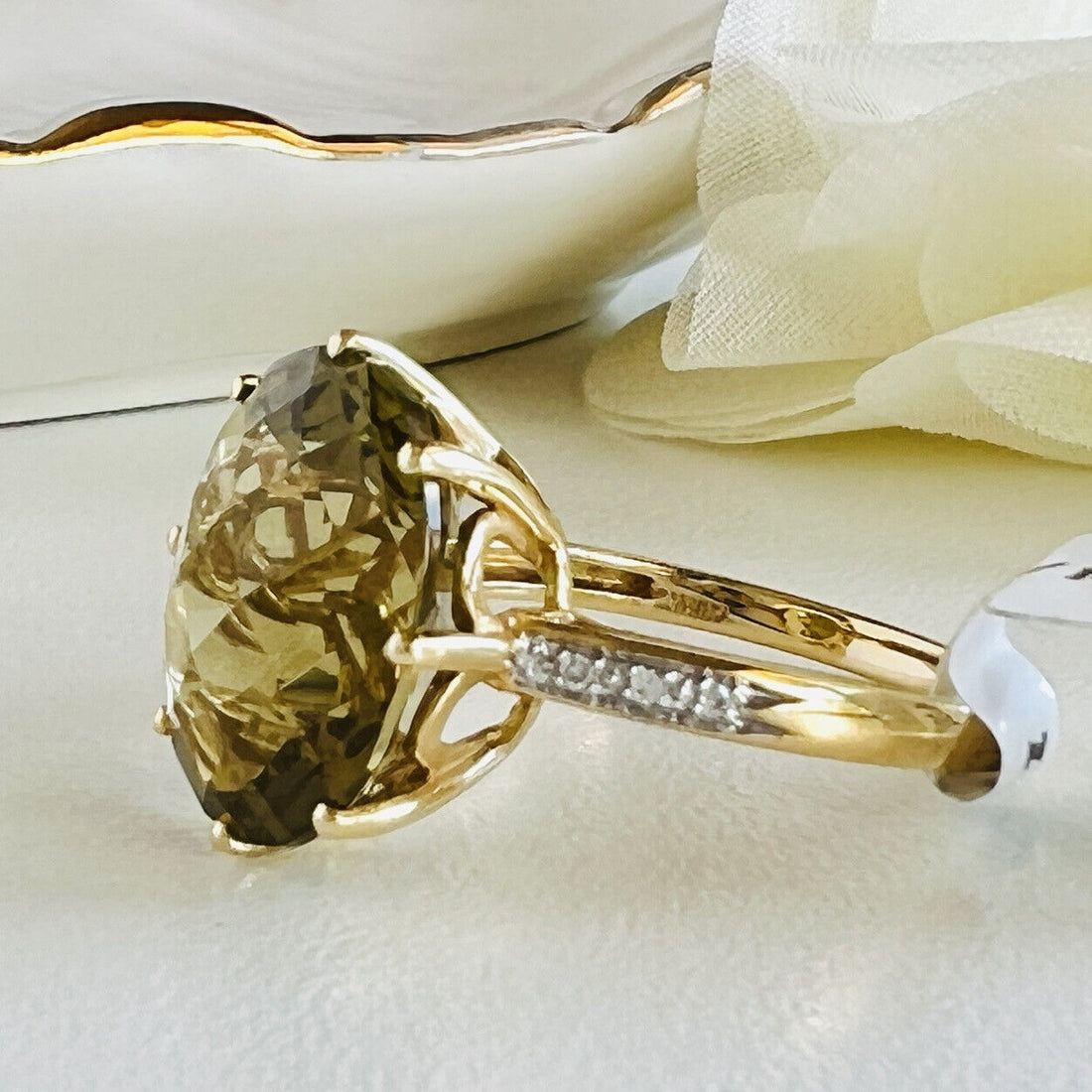 Fabulous Lemon Citrine (7.6ct) & Diamond 14K Yellow Gold Ring, New, Size 8