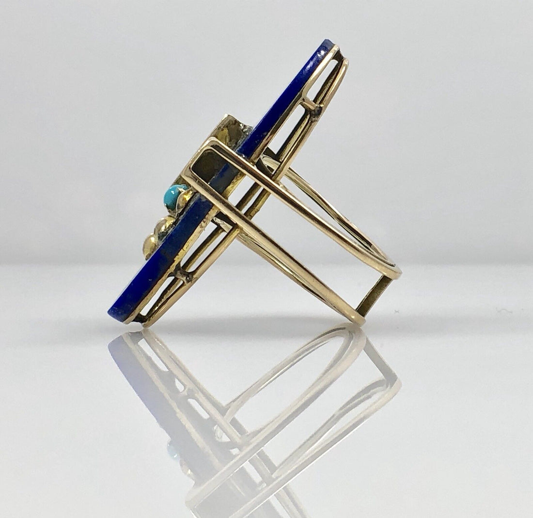 Vintage Geometric Lapis Lazuli & Turquoise 14K Solid Gold Ring, Size 6