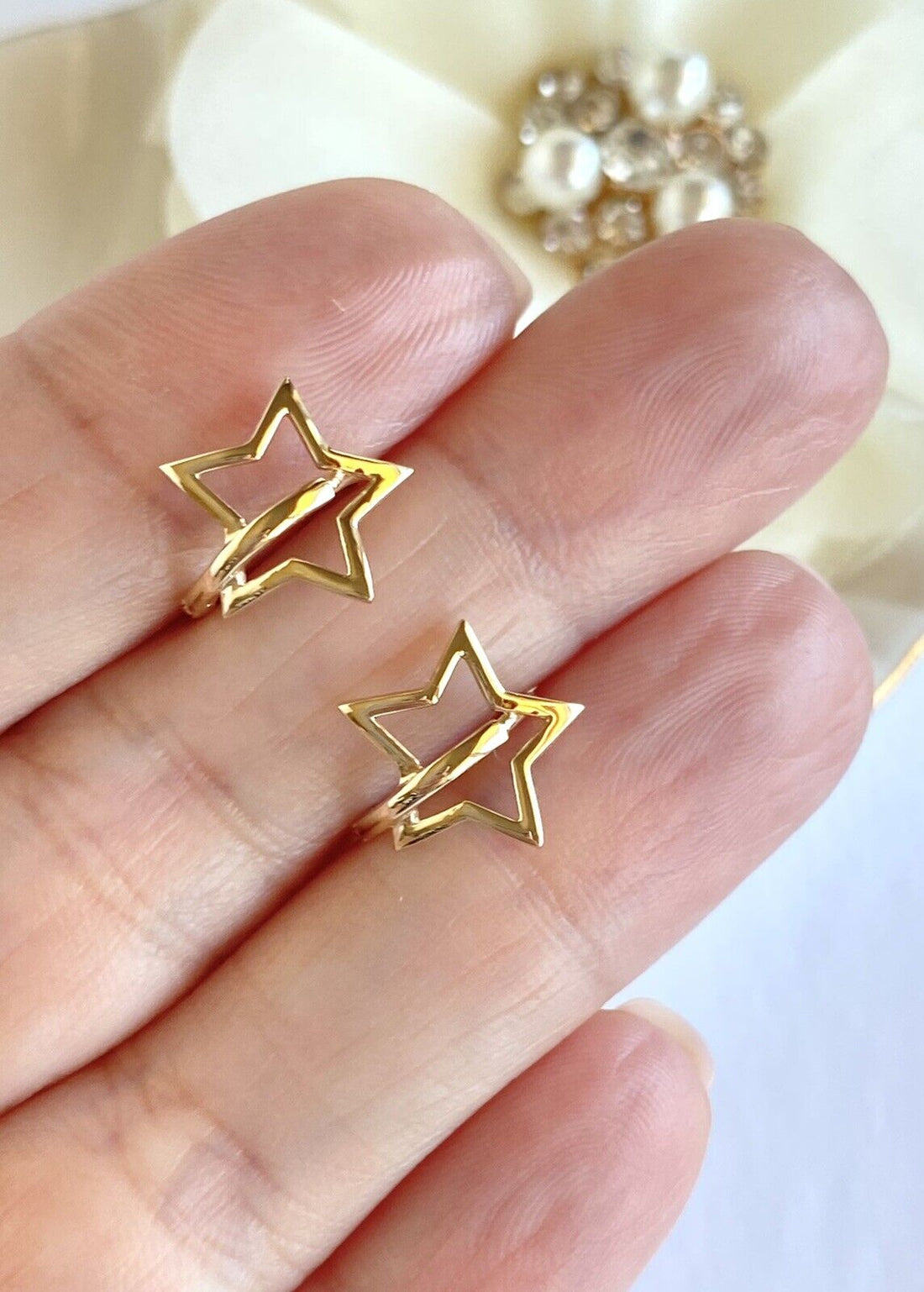 Solid 14k Yellow Gold 5 Point Star Hoop Earrings, New