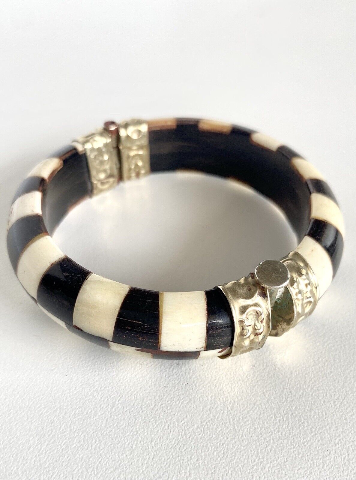 Vintage Horn & Bone Checkerboard Inlay Bohemian Bangle Bracelet, New