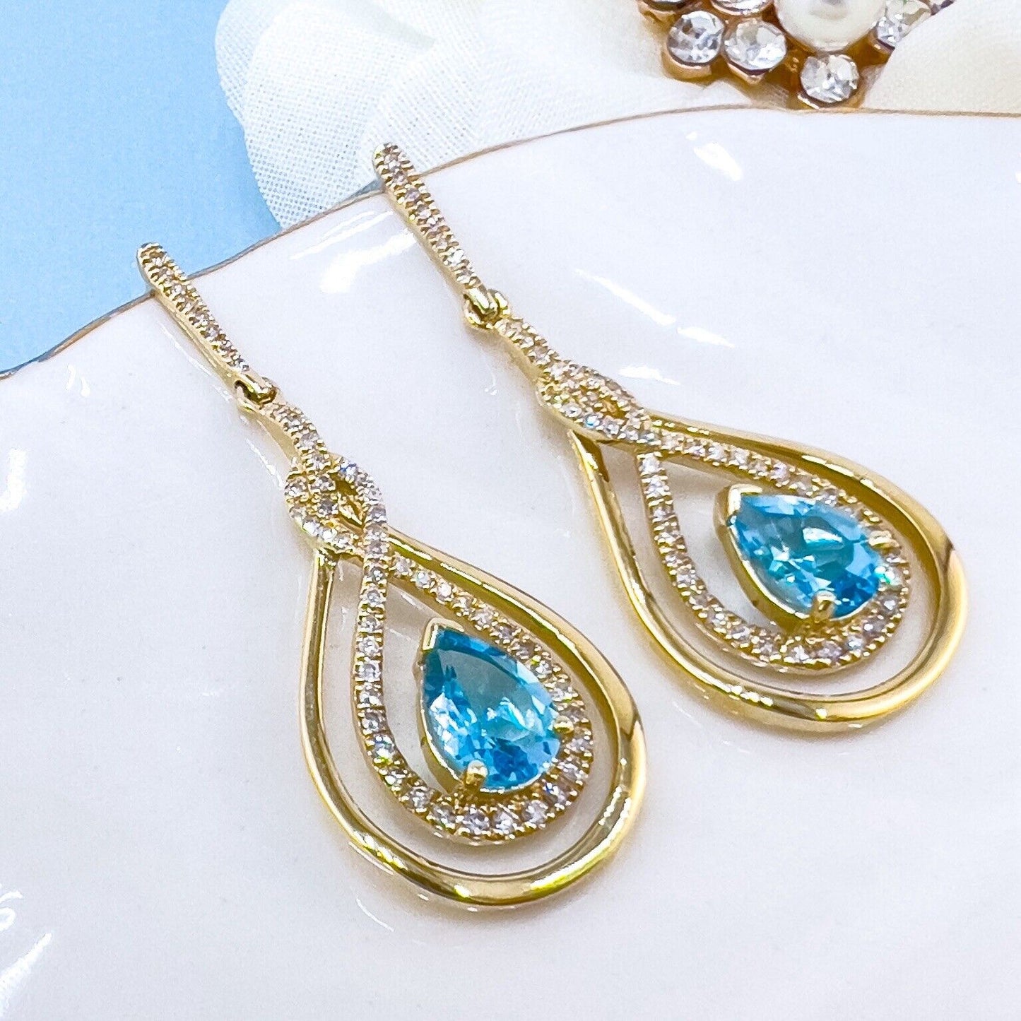 Genuine Swiss Blue Topaz & Diamond 10k Yellow Gold Dangle/Drop Earrings, New