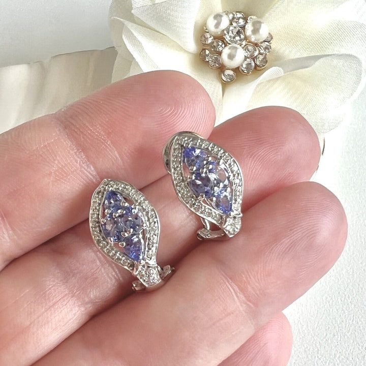 Solid 14k White Gold Genuine Tanzanite & Diamond Post/Omega Clip Earrings, New