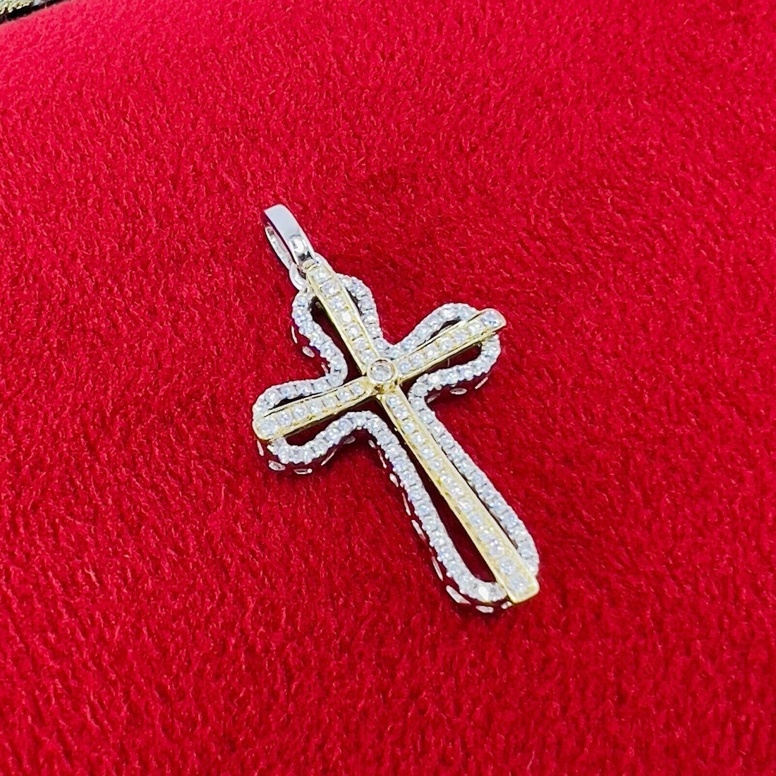 Solid 14k Two-Tone Gold & Genuine Diamond Cross Pendant, New 1.2”