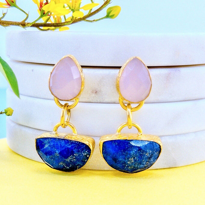 Etruscan Revival Genuine Rose Chalcedony & Lapis Lazuli GP Dangle/Drop Earrings