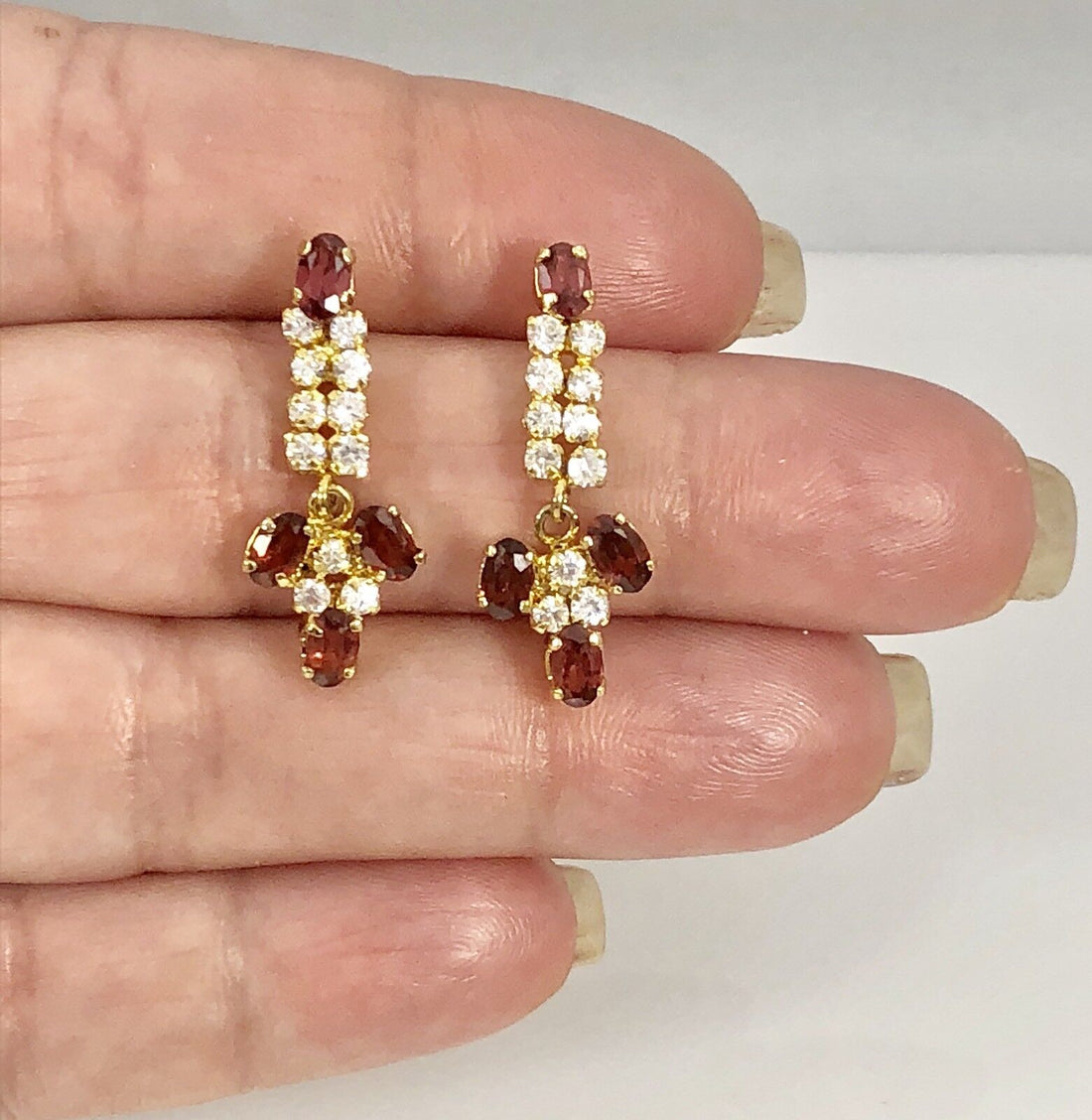 Genuine Pyrope Garnet & CZ Dangle Earrings 18kt Yellow Gold Overlay, 1" New