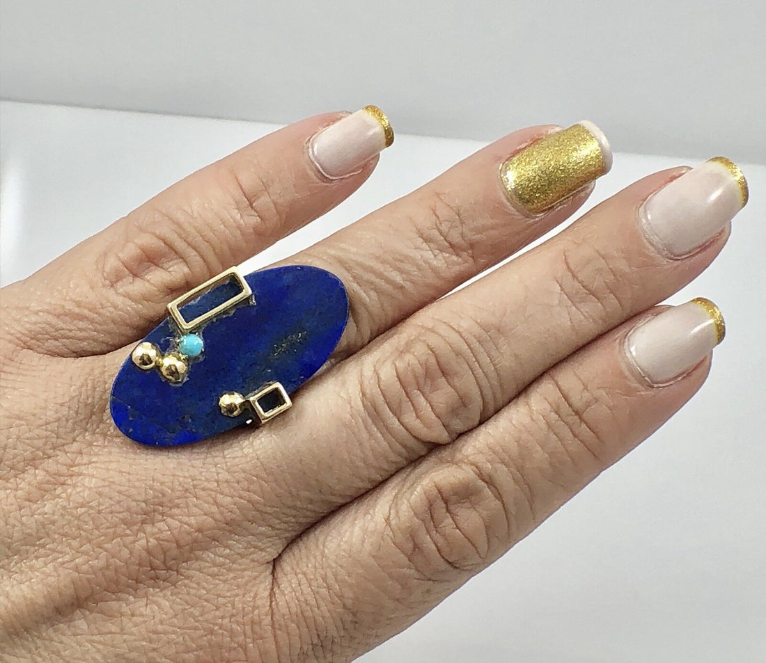 Vintage Geometric Lapis Lazuli & Turquoise 14K Solid Gold Ring, Size 6