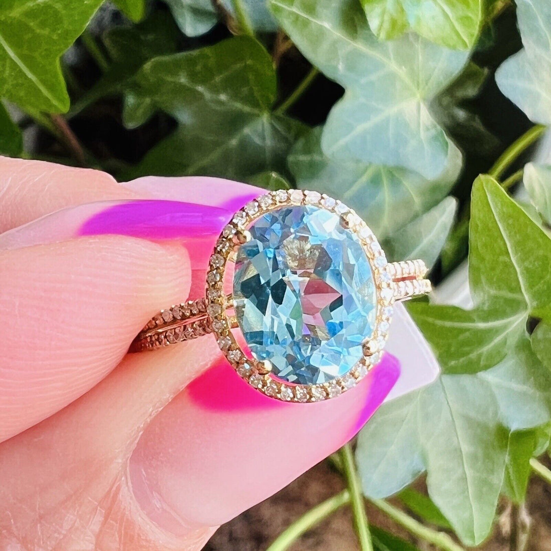 Solid 10k Yellow Gold Genuine Swiss Blue Topaz & Diamond Halo Ring, Size 7 New