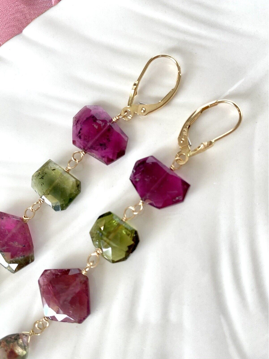 Natural Tourmaline (27.1ct) & 14k Yellow Gold "Wind Chime" Dangle Earrings, New