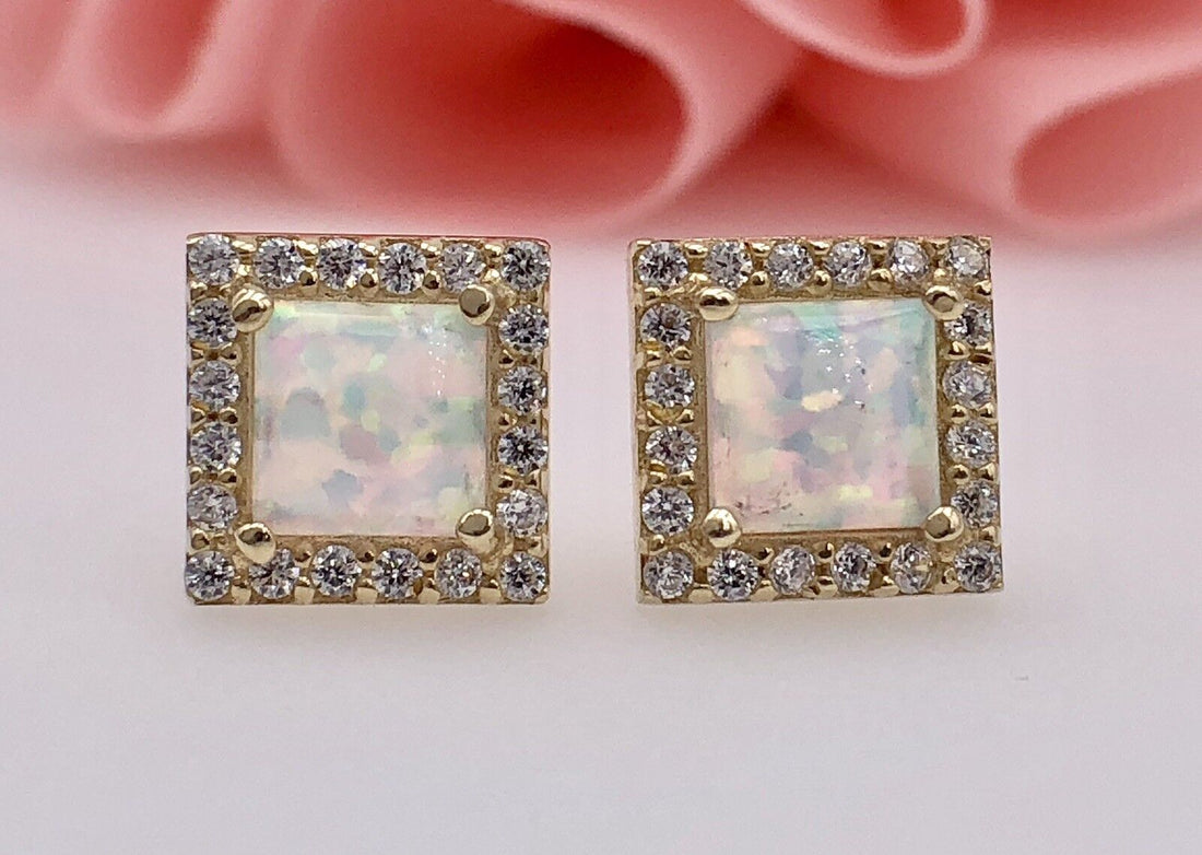 14K Yellow Gold, Opal & CZ Square Stud Earrings, New