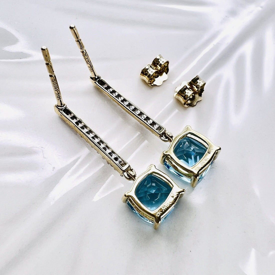 Solid 10k Yellow Gold Genuine Swiss Blue Topaz & Diamond Dangle Earrings, New