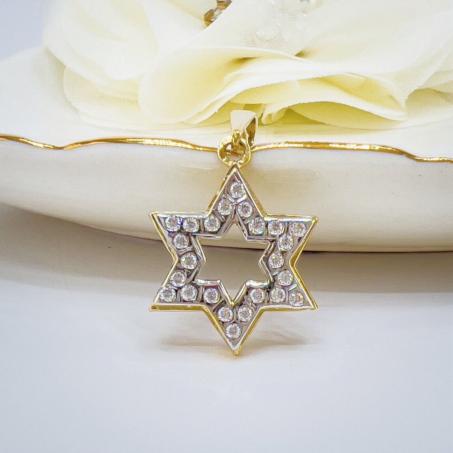 Solid 14k Yellow & White Gold & Cubic Zirconia Accent Star of David Pendant, New