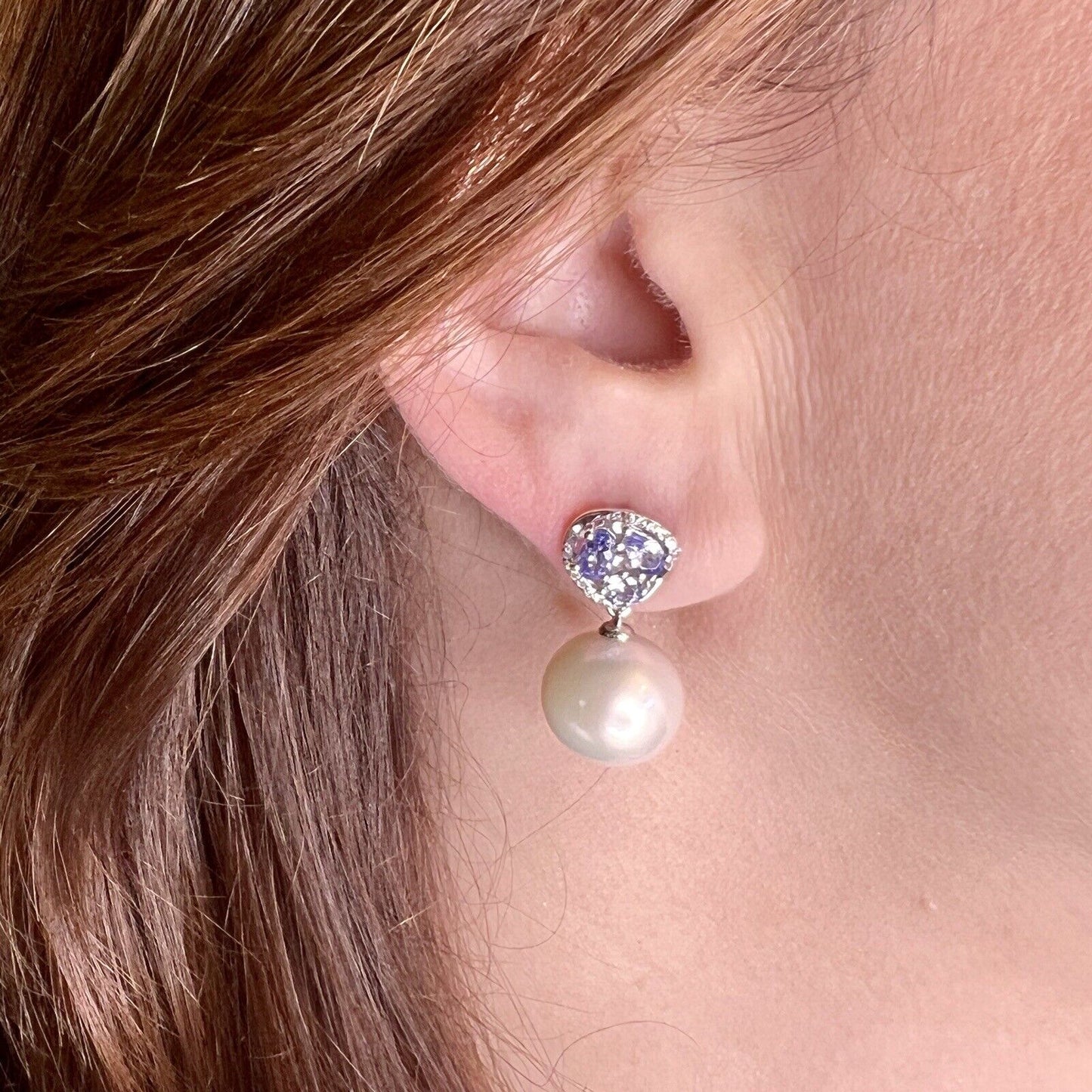 Genuine Tanzanite, Diamond & Pearl Solid 14k White Gold Dangle/Drop Earrings New