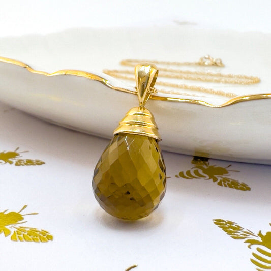 14k Yellow Gold Smoky Golden Citrine Drop Pendant Necklace, 18", New