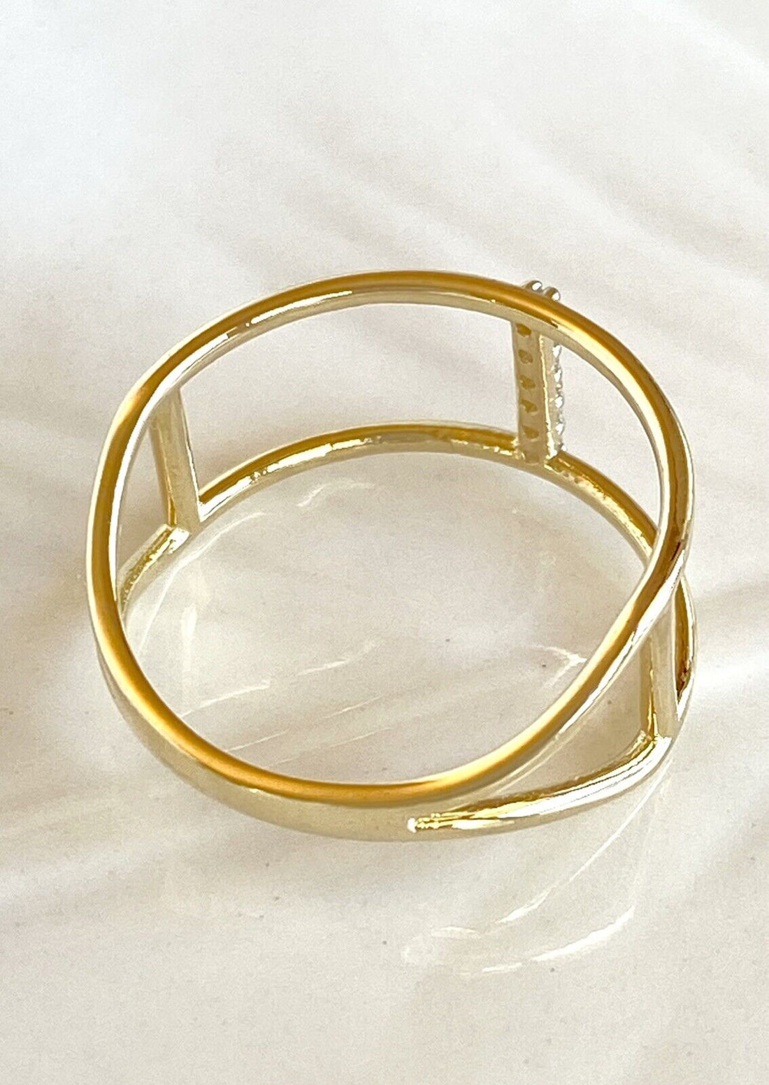 Solid 14k Yellow Gold & Cubic Zirconia Double Bar Ring New, Sz 6.5