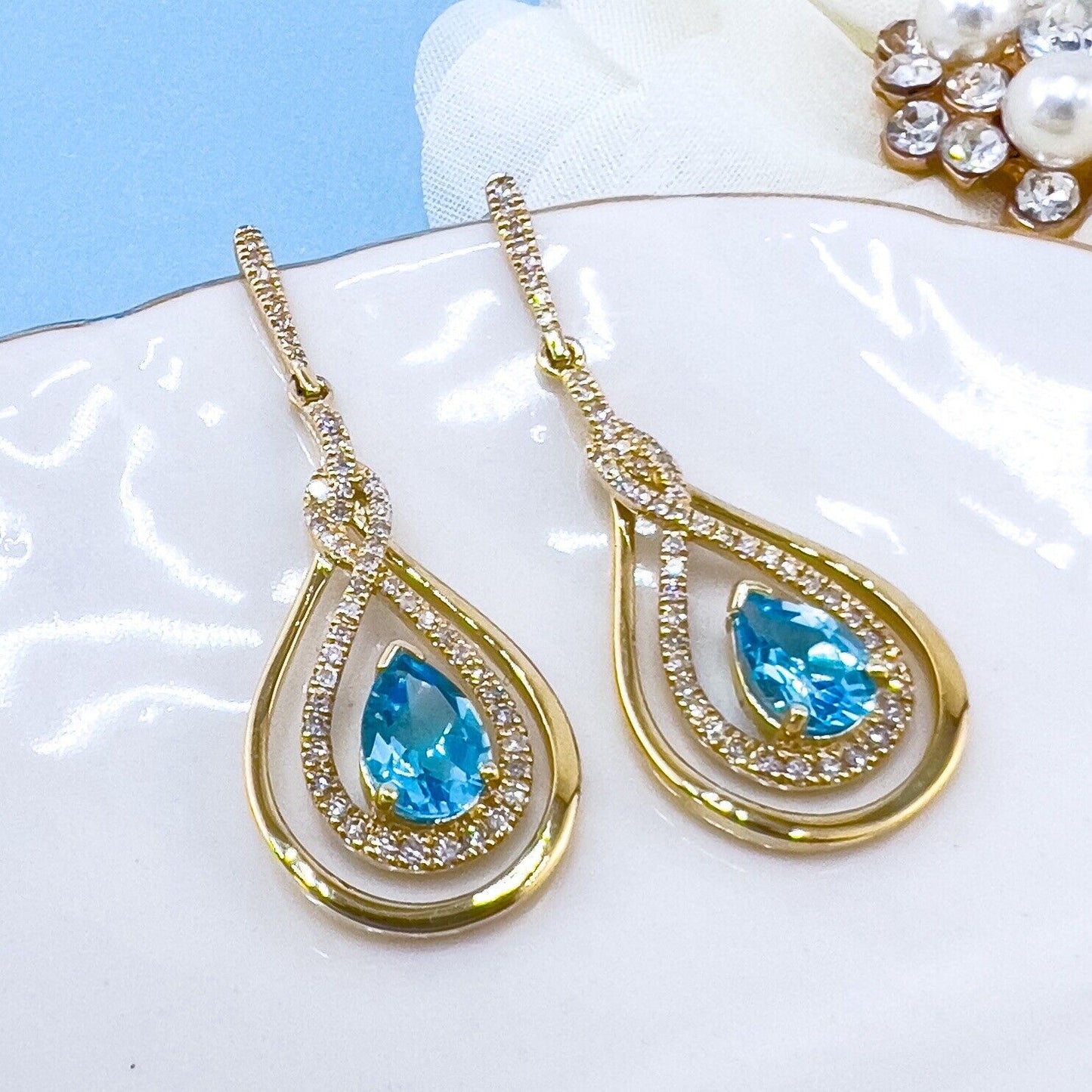 Genuine Swiss Blue Topaz & Diamond 10k Yellow Gold Dangle/Drop Earrings, New