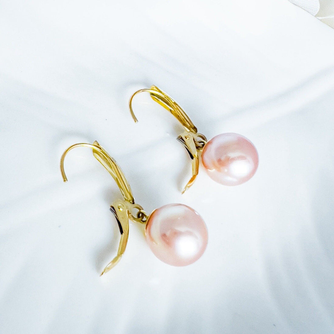 14k Yellow Gold Genuine 9mm Champagne-Rose Pearl Dangle Leverback Earrings  1"