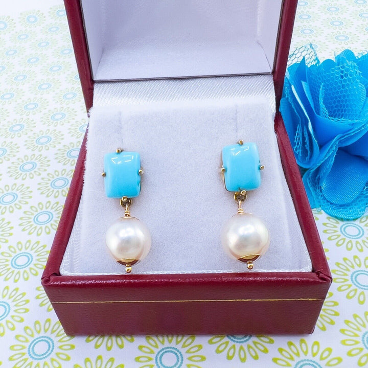 14k Yellow Gold Sleeping Beauty Turquoise & Akoya Pearl Dangle Earrings, New