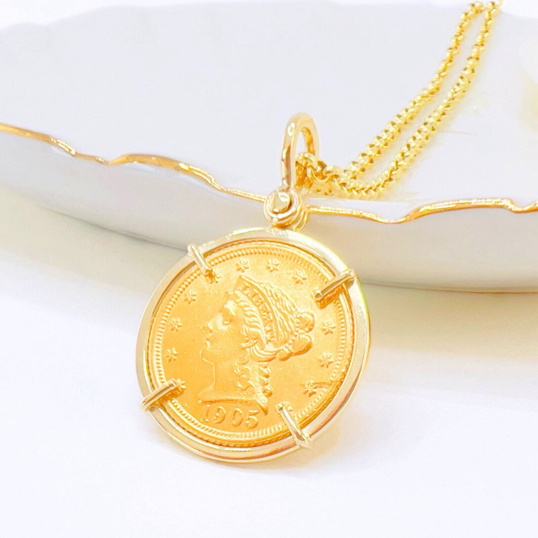 Genuine 1905 US Liberty Head 2.5 Dollar Quarter Eagle Coin With 14k Gold Pendant