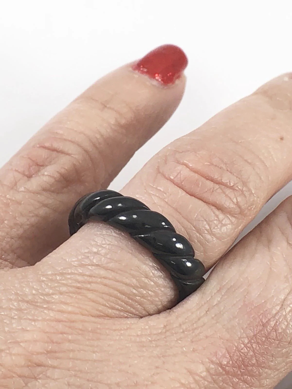 Vintage Black Coral Ring Carved Twist Band, New