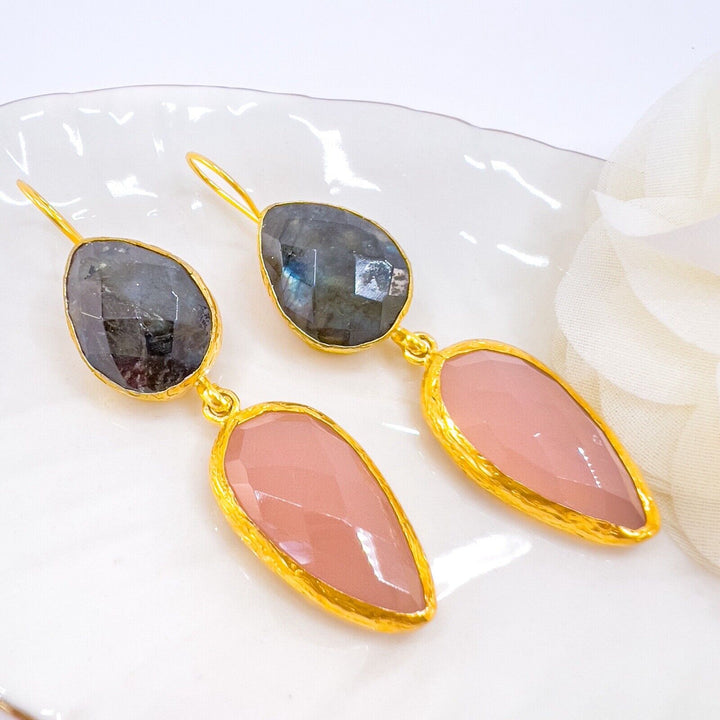 Etruscan Revival Labradorite & Rose Chalcedony Earrings 22k Yellow Gold Overlay