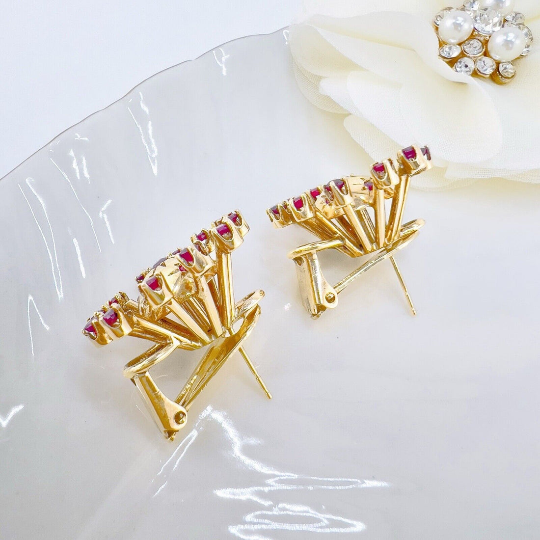 Vintage 14k Yellow Gold & Ruby "Starburst" Post & Clip Handcrafted Earrings