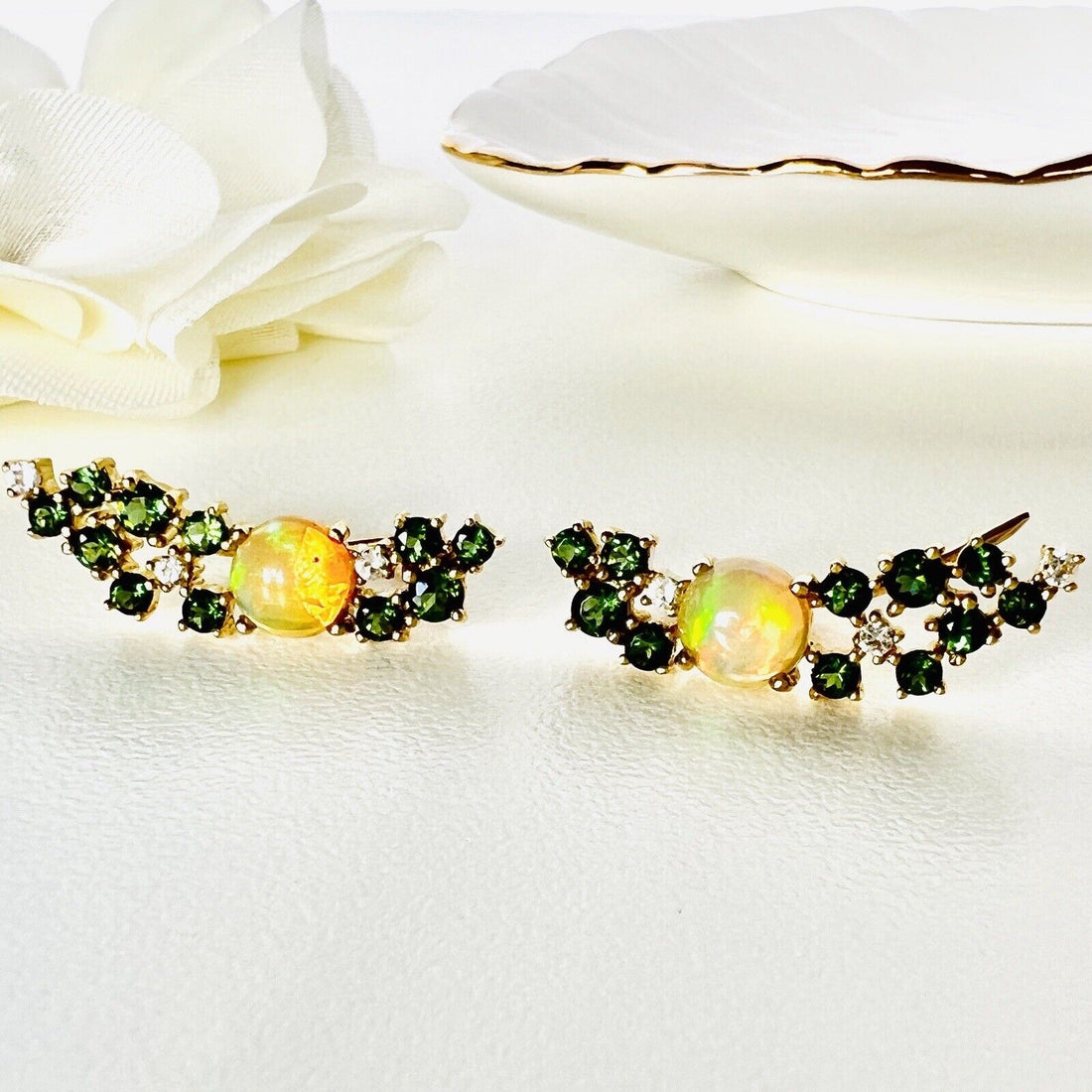 10k Yellow Gold Ethiopian Opal & Chrome Diopside Earrings, New