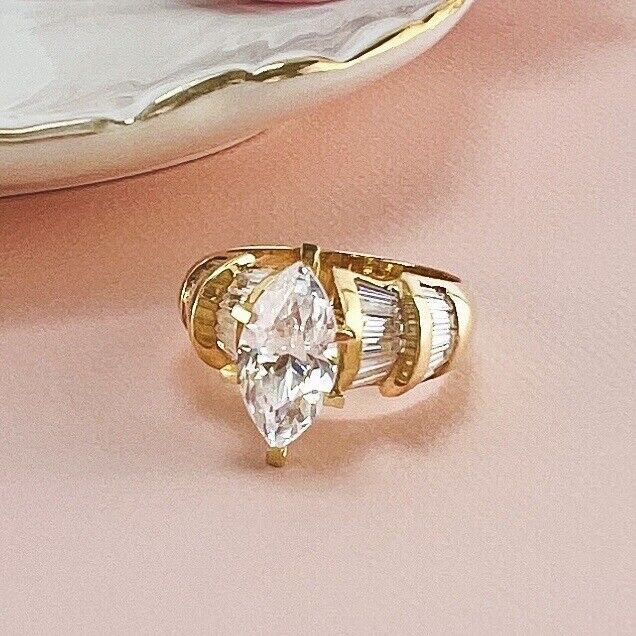 Solid 14k Yellow Gold Cubic Zirconia Cocktail Ring, Vintage Stock, Size 6.5