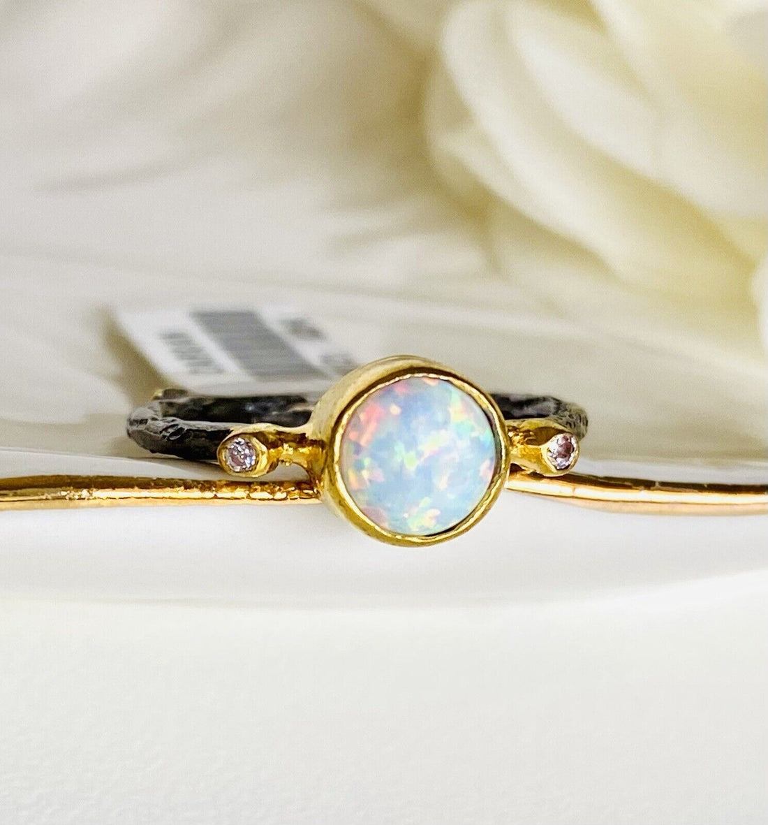 Antiqued Sterling Silver 18K Yellow Gold Opal Ring Size 5.5