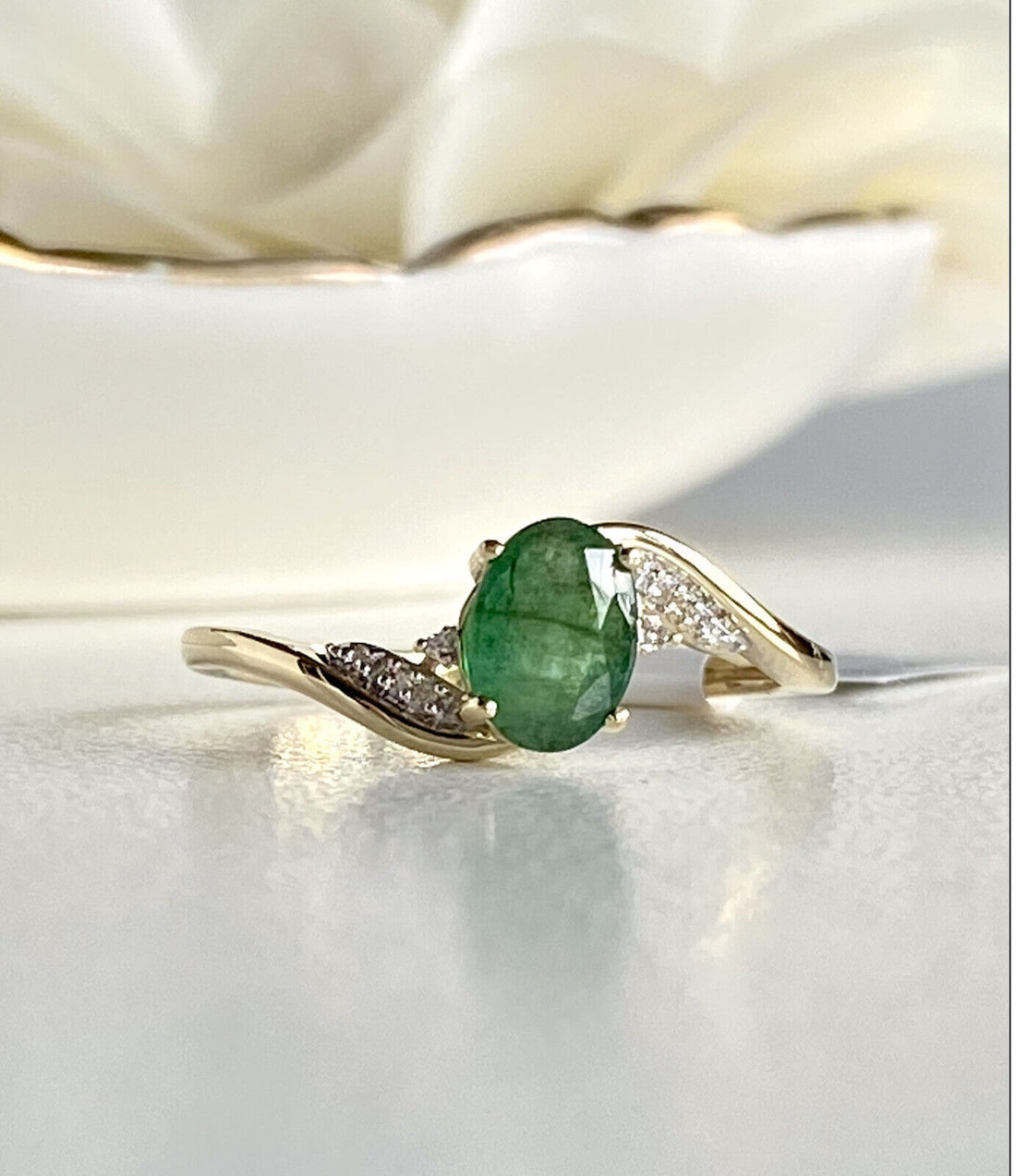 Genuine Emerald and Diamond Solid 10K Yellow Gold Ring, New, Size 7