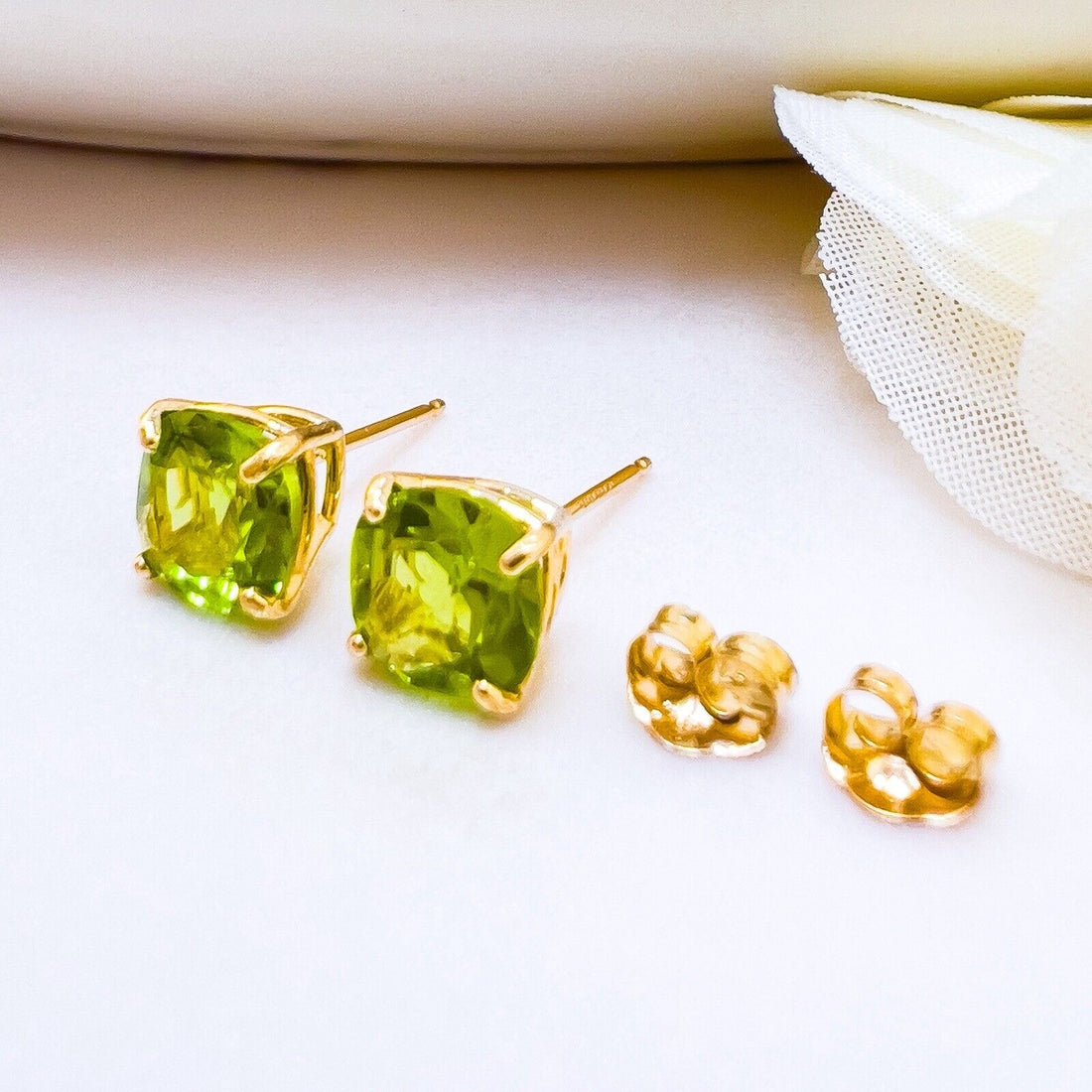 Solid 10k Yellow Gold Genuine Peridot 6mm Stud Earrings, New