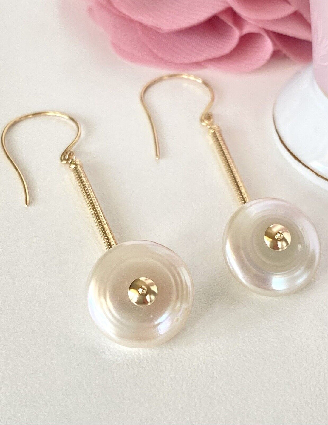 Unique Large Coin Pearl & Solid 14k Yellow Gold Dangle Earrings, New, 2.48"