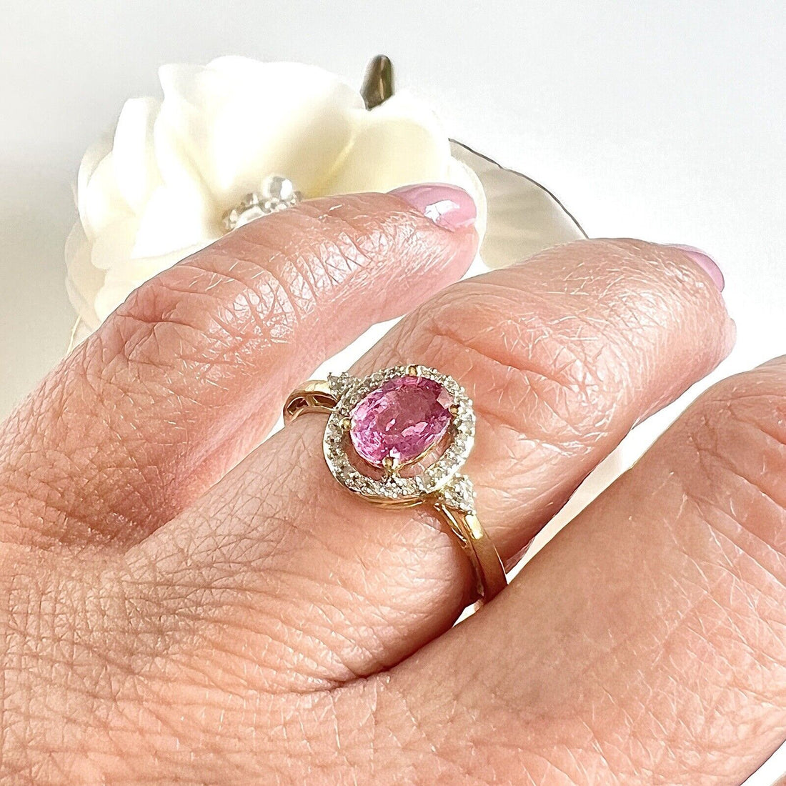 Solid 10k Yellow Gold Genuine Pink Sapphire & Diamonds Halo Ring, New, Size 7