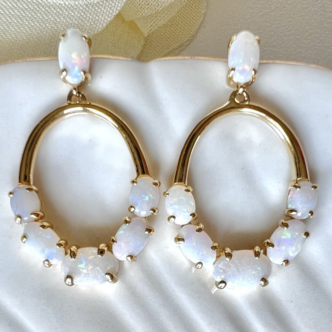 Solid 10k Yellow Gold Genuine Opal Hoop Dangle Earrings, New