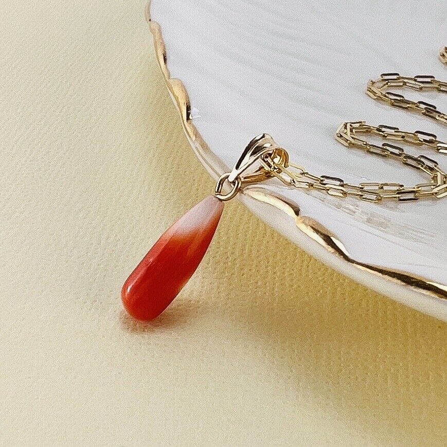 Solid 14k Yellow Gold Japanese Coral Drop Pendant, New