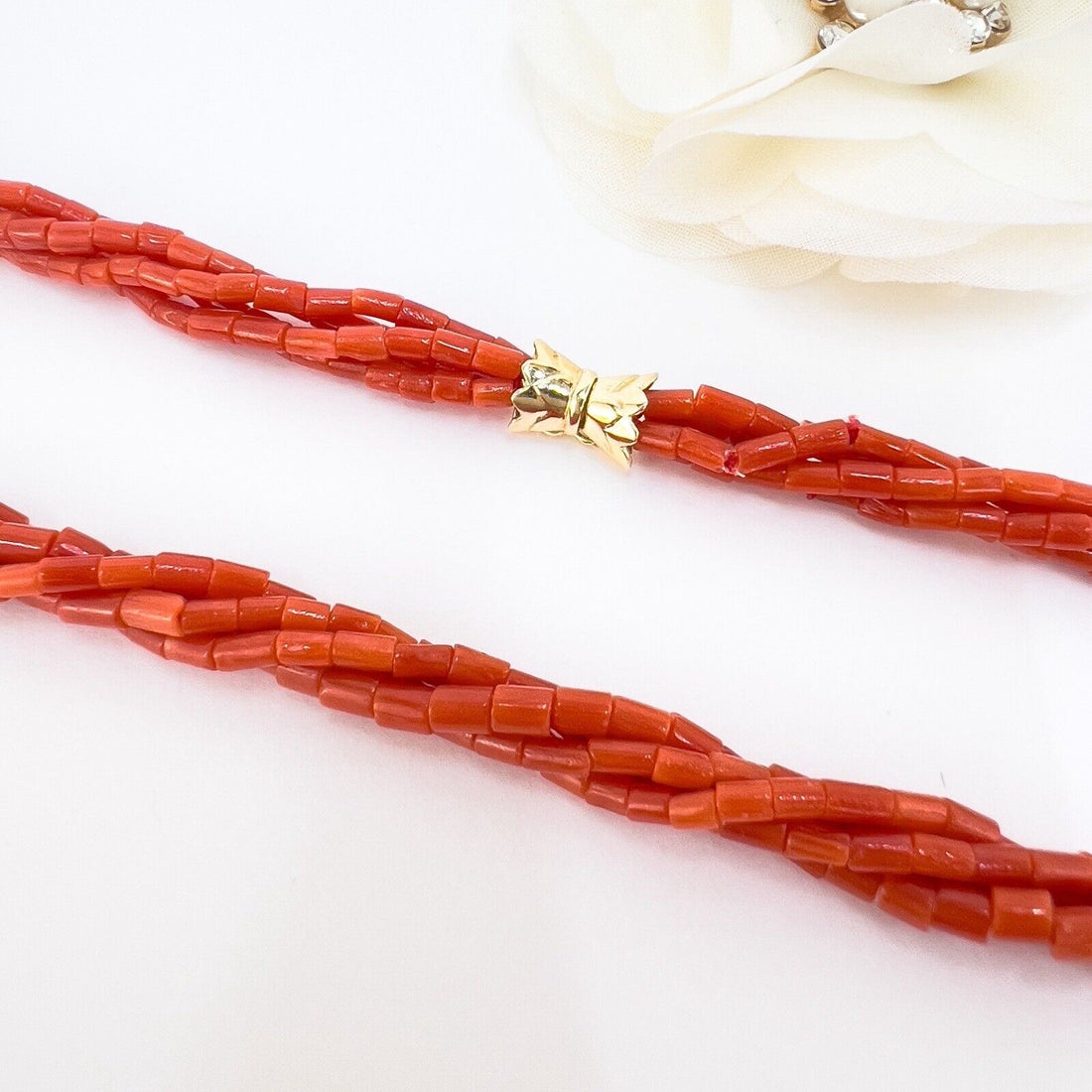 Natural Mediterranean Red Coral Multi-Strand 14K Yellow Gold Necklace, New 17.7"