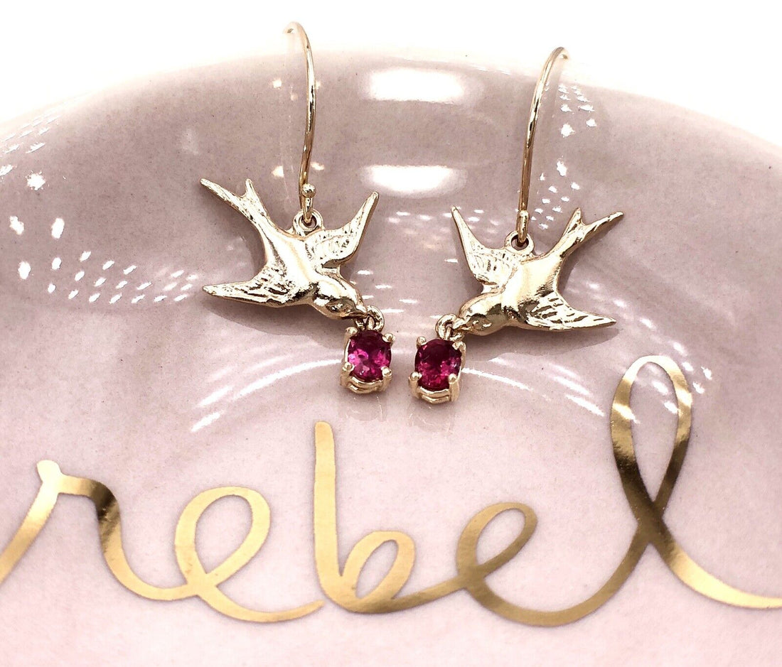 Solid 14K Yellow Gold Swallows & Pink Tourmaline Dangle/Drop Earrings, New 1.32"