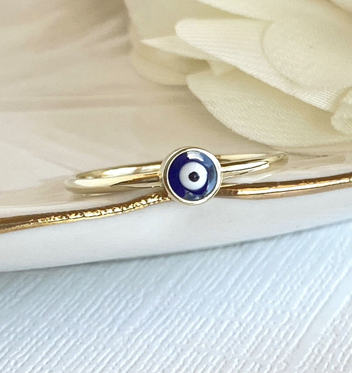 Solid 14k Yellow Gold Lucky Blue Eye Ring, New, Size 6.75