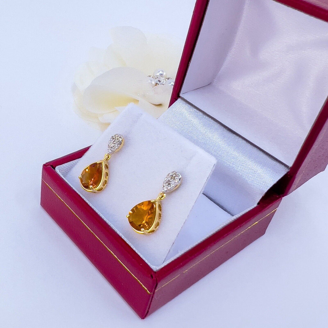 Genuine Citrine & Diamond Solid 10k Yellow Gold Dangle/Drop Earrings