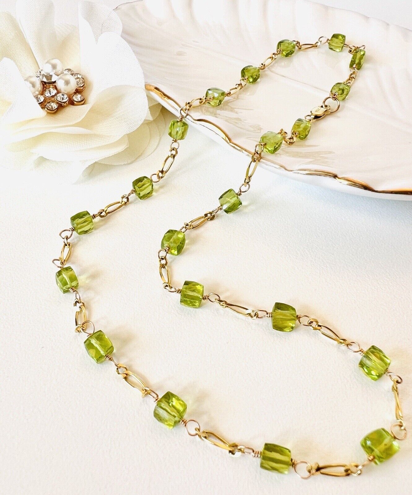 Solid 14k Yellow Gold Genuine Peridot Cube Station Chain Necklace, New 16.75”