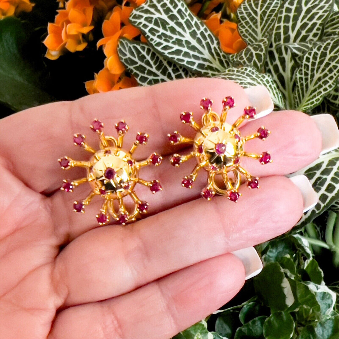 Vintage 14k Yellow Gold & Ruby "Starburst" Post & Clip Handcrafted Earrings