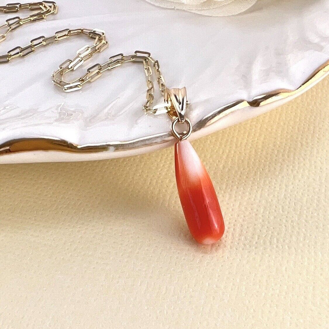 Solid 14k Yellow Gold Japanese Coral Drop Pendant, New