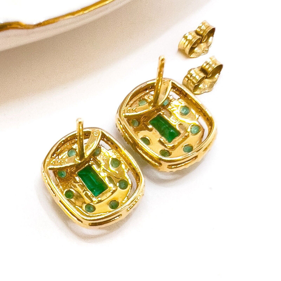 14k Yellow Gold Genuine Emerald & Diamond Stud Earrings, New