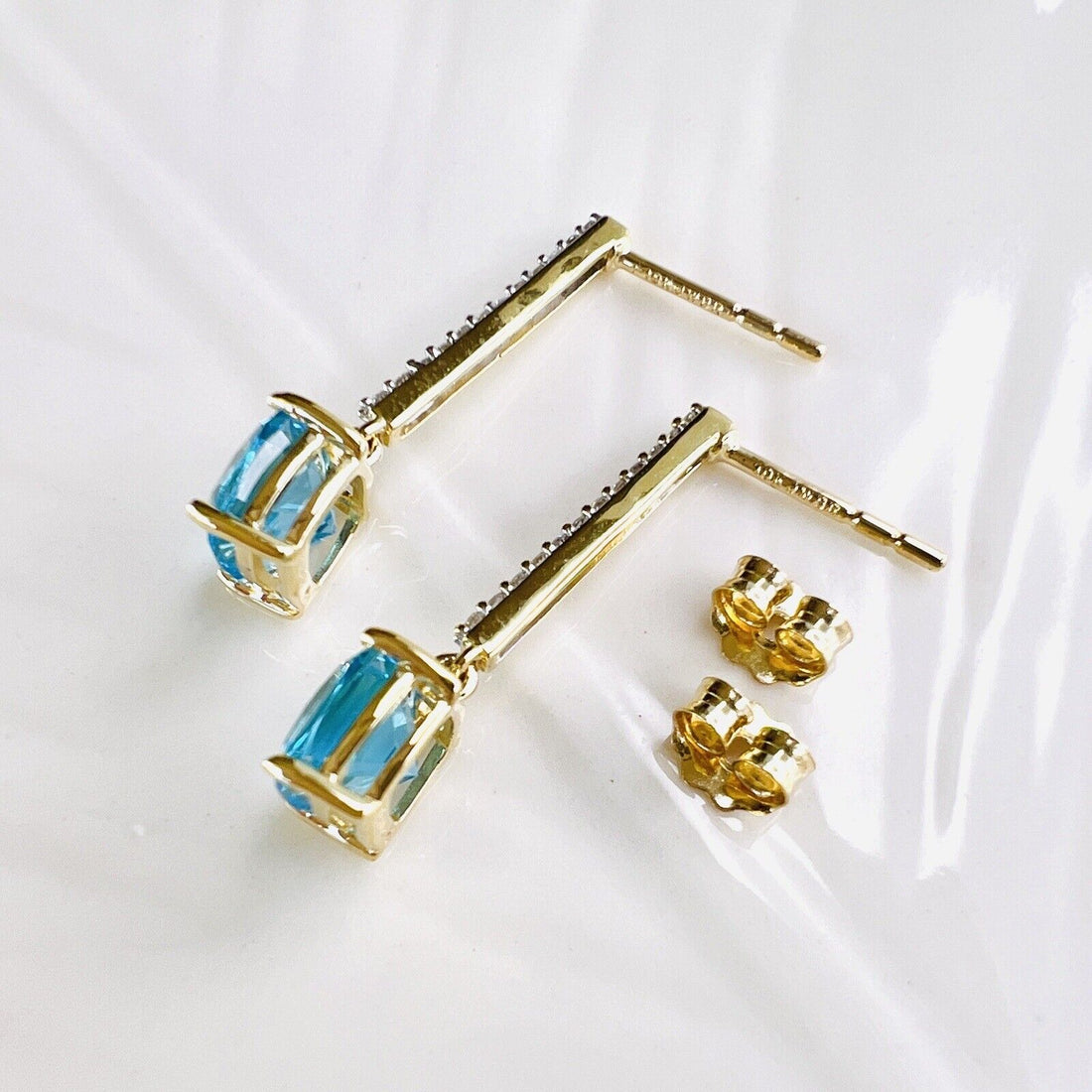 Solid 10k Yellow Gold Genuine Swiss Blue Topaz & Diamond Dangle Earrings, New