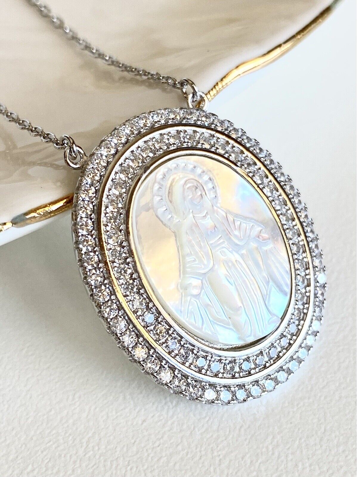 Sterling, MOP & CZ Miraculous Virgin Mary Pendant W/ Chain, 16-17", New
