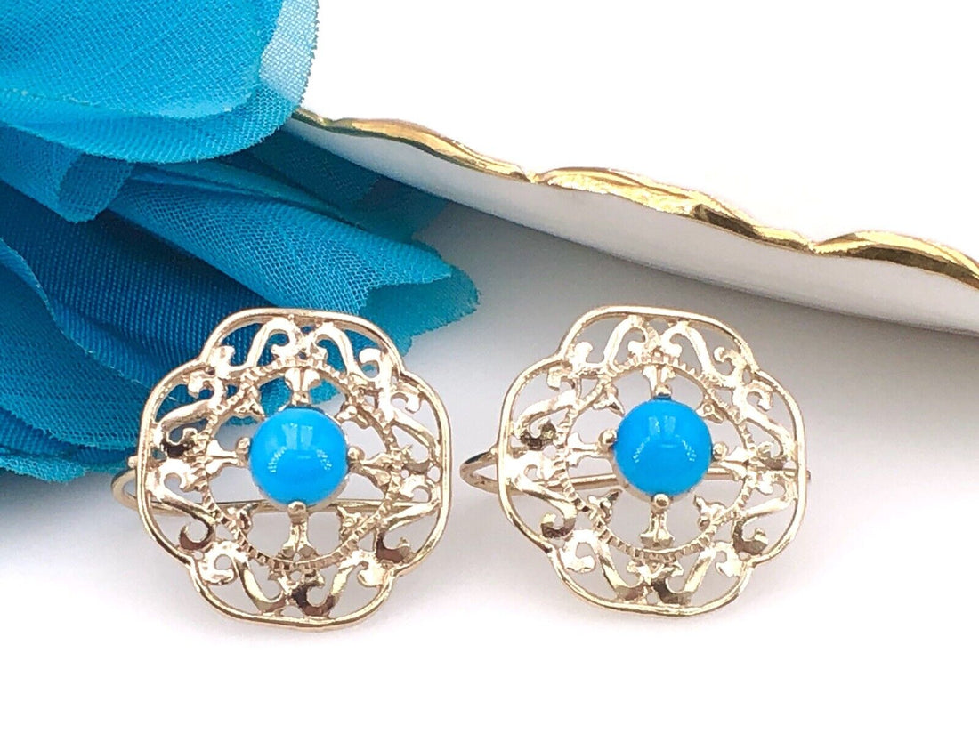 Solid 14k Yellow Gold & Sleeping Beauty Turquoise Filigree Hook Earrings, New