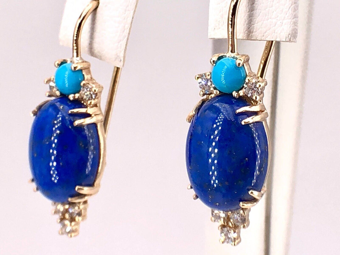 Genuine 14k Gold, Natural Lapis Lazuli, Turquoise & Diamond Dangle Earrings, New